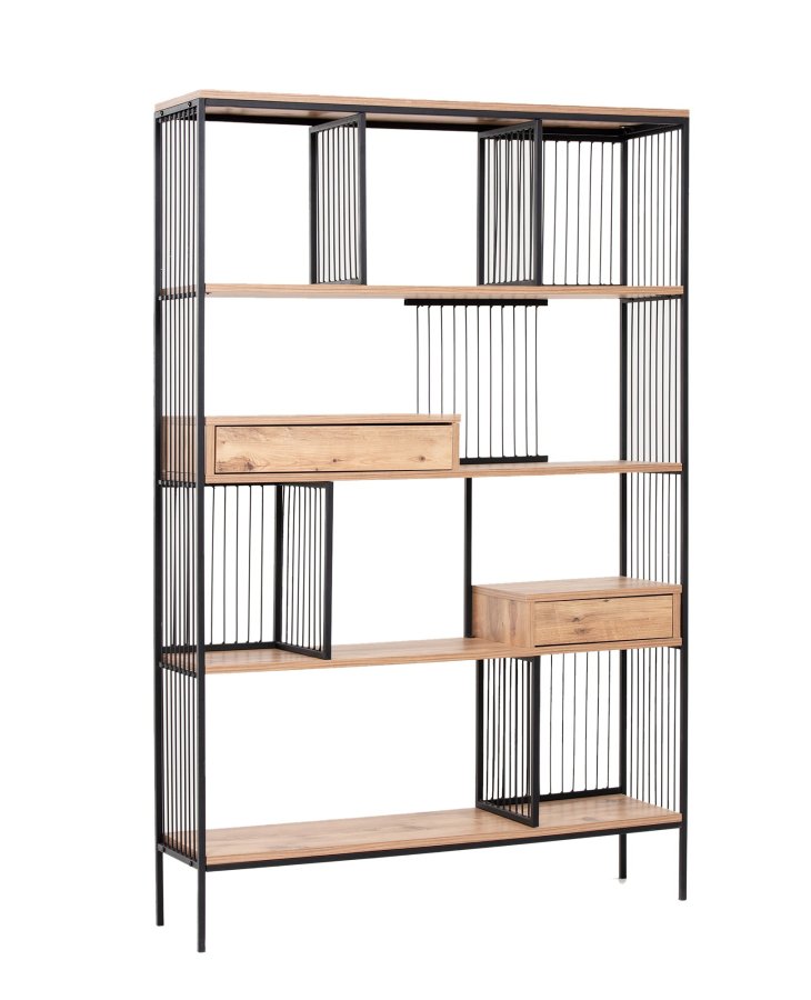 FUNZI LIVING Tokyo Bücherregal, m. 2 Schubladen - braunes Melamin und schwarzes Metall