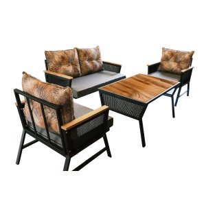 NORDVÄRK Mers udendrs loungest, m. 2 stole, 1 sofa, 1 bord, multifarvede hynder - sort metal/tr