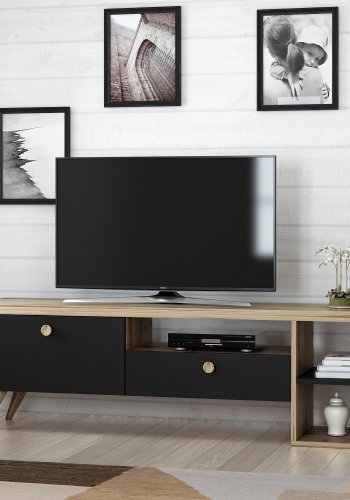 NORDVRK Parion TV-bord, m. 2 drer, 1 hylle og 1 rom - eik og sort melamin (150x35)