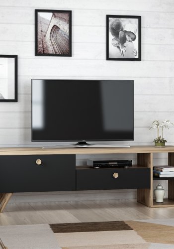 NORDVRK Parion TV-bord, m. 2 drer, 1 hylle og 1 rom - eik og sort melamin (150x35)