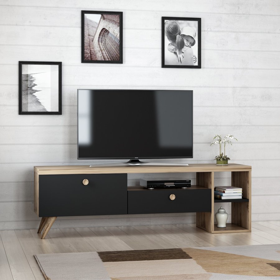 NORDVRK Parion TV-bord, m. 2 drer, 1 hylle og 1 rom - eik og sort melamin (150x35)