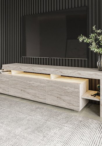 NORDVÄRK Beliz TV-Tisch, mit LED-Licht und 3 Türen Travertin-Melamin (192x37)