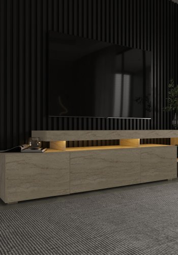 NORDVÄRK Beliz TV-Tisch, mit LED-Licht und 3 Türen Travertin-Melamin (192x37)