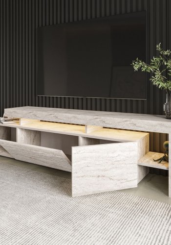 NORDVÄRK Beliz TV-Tisch, mit LED-Licht und 3 Türen Travertin-Melamin (192x37)