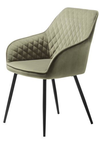 Milton spisebordstol, m. armlener - olivengrnn flyel og svart metall