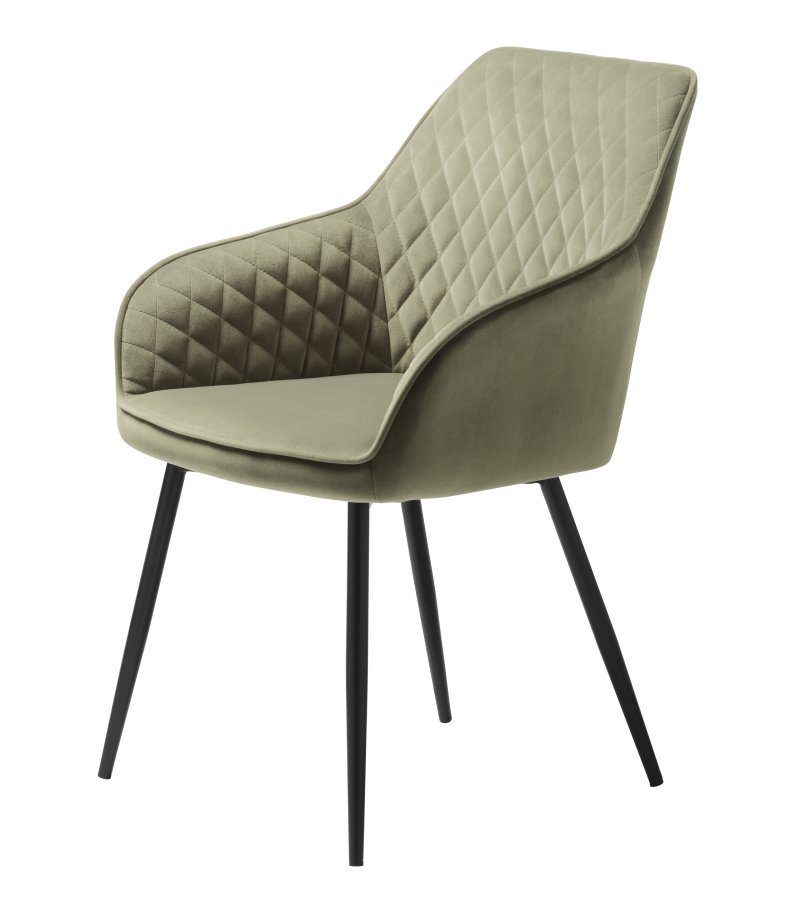 Milton spisebordstol, m. armlener - olivengrnn flyel og svart metall