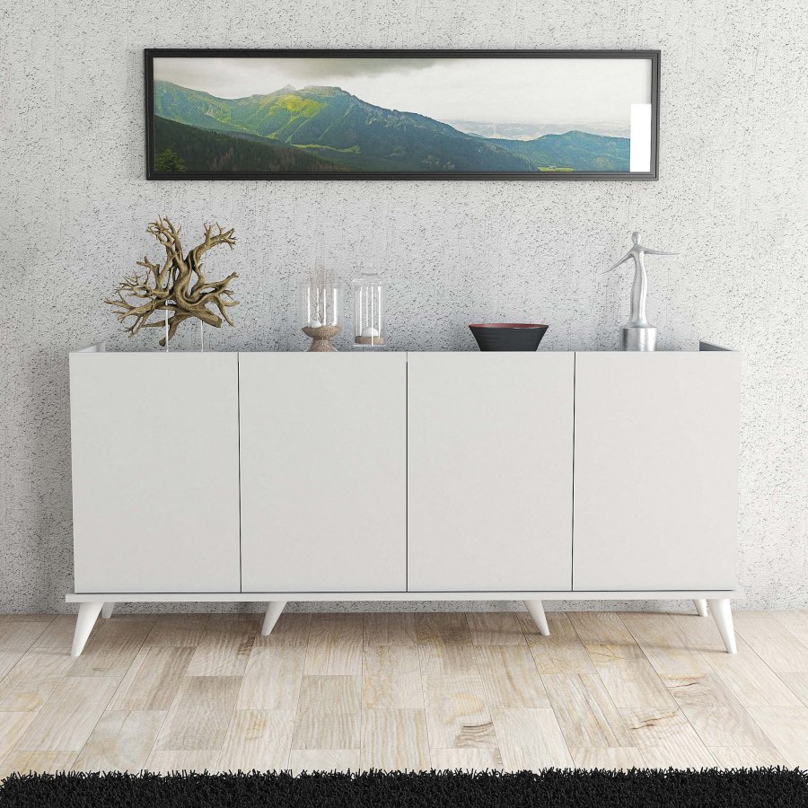 FUNZI LIVING Elegantes Sideboard mit 4 Türen und 2 Regalen – weißes Melamin