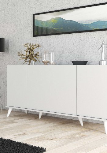 FUNZI LIVING Elegantes Sideboard mit 4 Türen und 2 Regalen – weißes Melamin