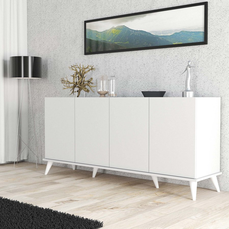 FUNZI LIVING Elegantes Sideboard mit 4 Türen und 2 Regalen – weißes Melamin