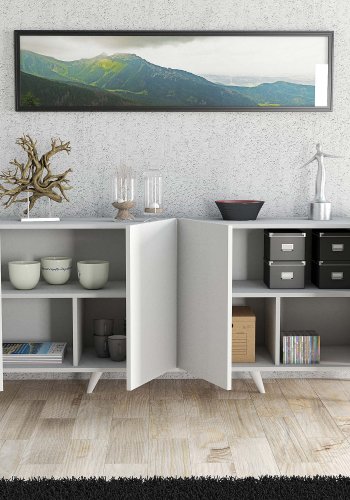 FUNZI LIVING Elegantes Sideboard mit 4 Türen und 2 Regalen – weißes Melamin