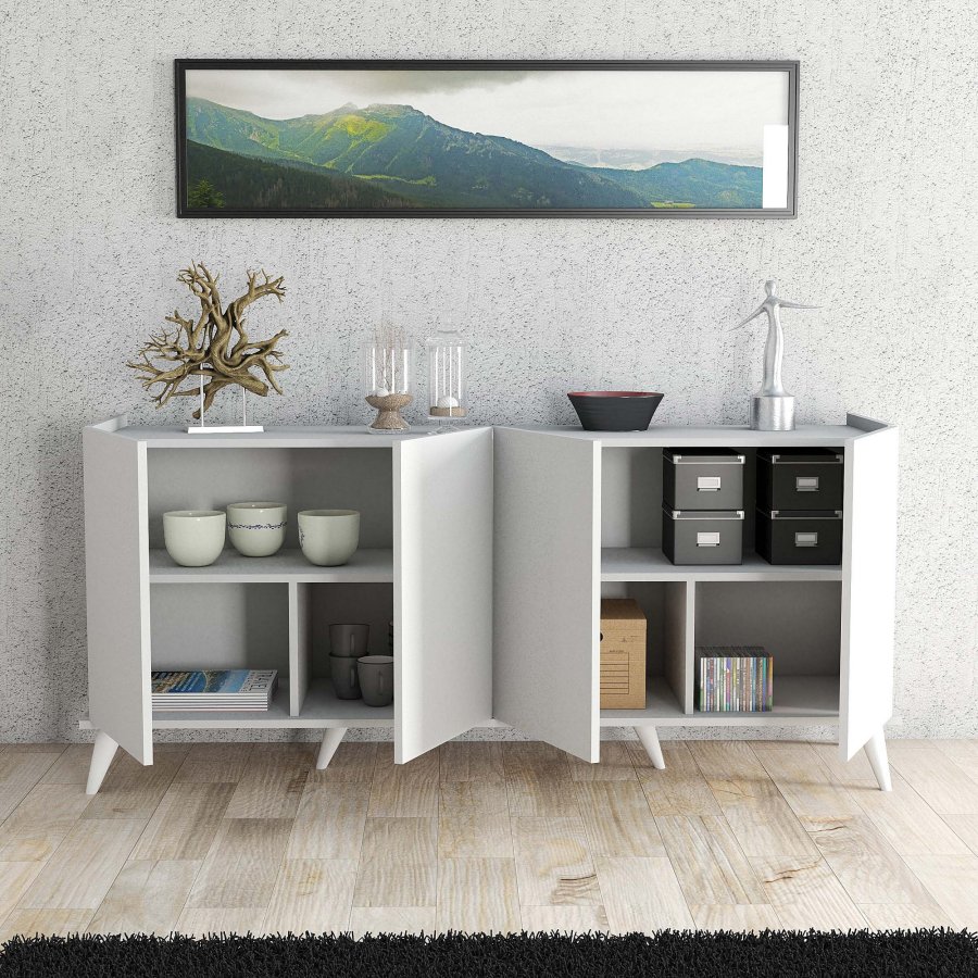FUNZI LIVING Elegantes Sideboard mit 4 Türen und 2 Regalen – weißes Melamin