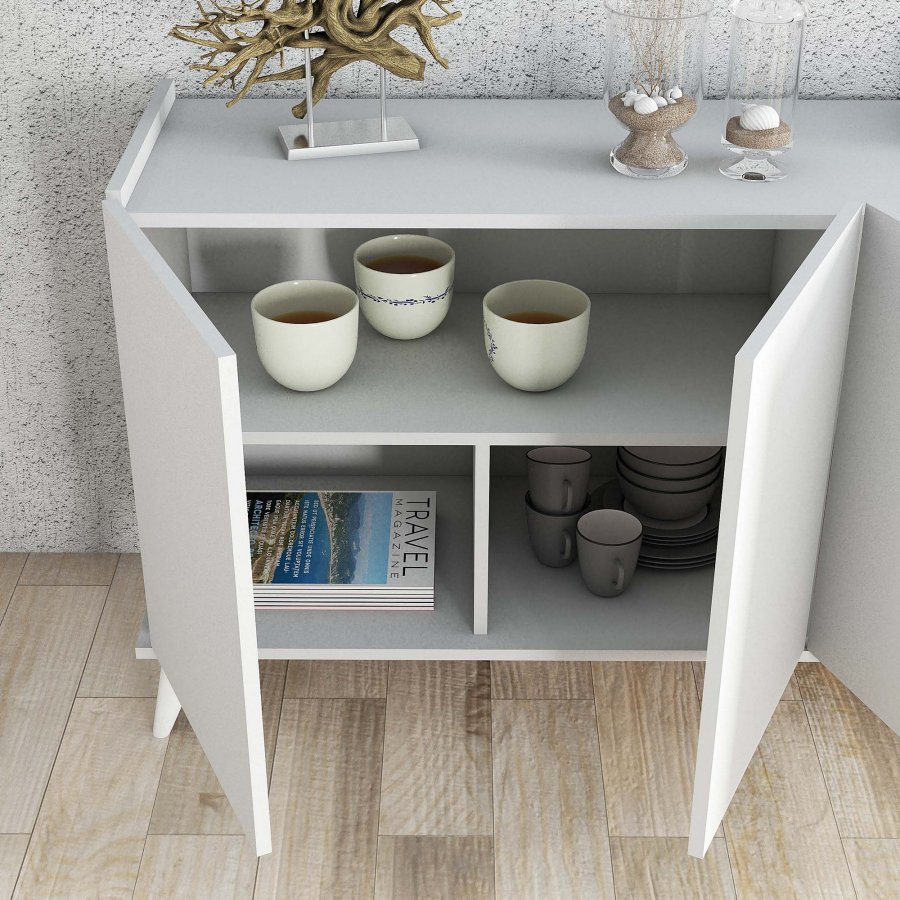 FUNZI LIVING Elegantes Sideboard mit 4 Türen und 2 Regalen – weißes Melamin
