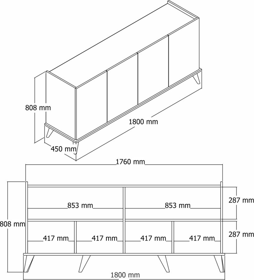 FUNZI LIVING Elegantes Sideboard mit 4 Türen und 2 Regalen – weißes Melamin