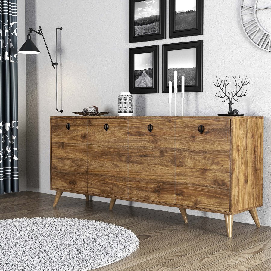 FUNZI LIVING Elite Sideboard, mit 4 Türen und 2 Regalen - walnussfarbenes Melamin