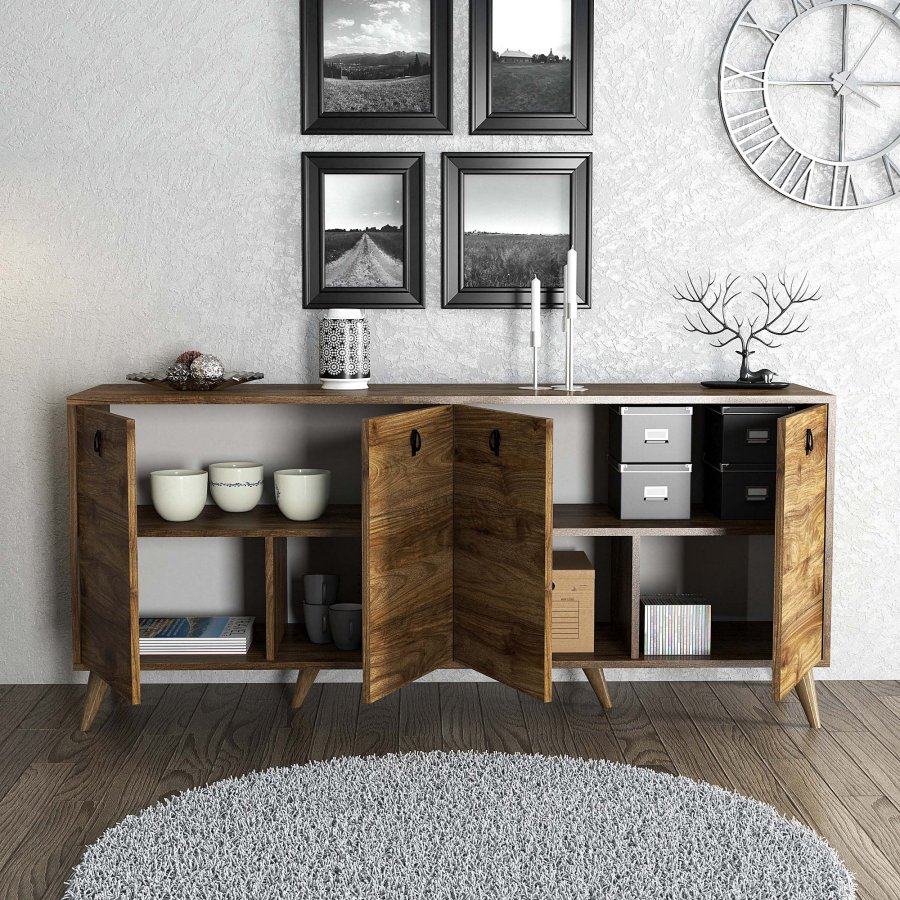 FUNZI LIVING Elite Sideboard, mit 4 Türen und 2 Regalen - walnussfarbenes Melamin