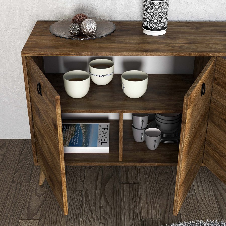 FUNZI LIVING Elite Sideboard, mit 4 Türen und 2 Regalen - walnussfarbenes Melamin
