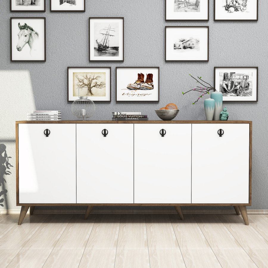 FUNZI LIVING Elite Sideboard, mit 4 Türen und 2 Regalen - walnussfarbenes und weißes Melamin