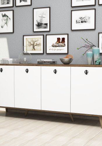 FUNZI LIVING Elite Sideboard, mit 4 Türen und 2 Regalen - walnussfarbenes und weißes Melamin