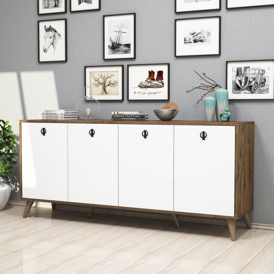 FUNZI LIVING Elite Sideboard, mit 4 Türen und 2 Regalen - walnussfarbenes und weißes Melamin