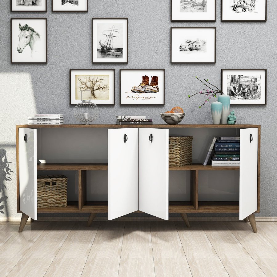 FUNZI LIVING Elite Sideboard, mit 4 Türen und 2 Regalen - walnussfarbenes und weißes Melamin