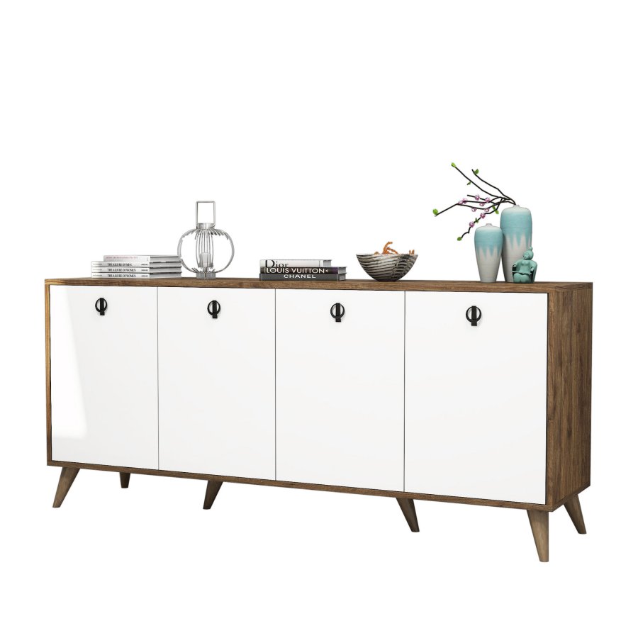 FUNZI LIVING Elite Sideboard, mit 4 Türen und 2 Regalen - walnussfarbenes und weißes Melamin