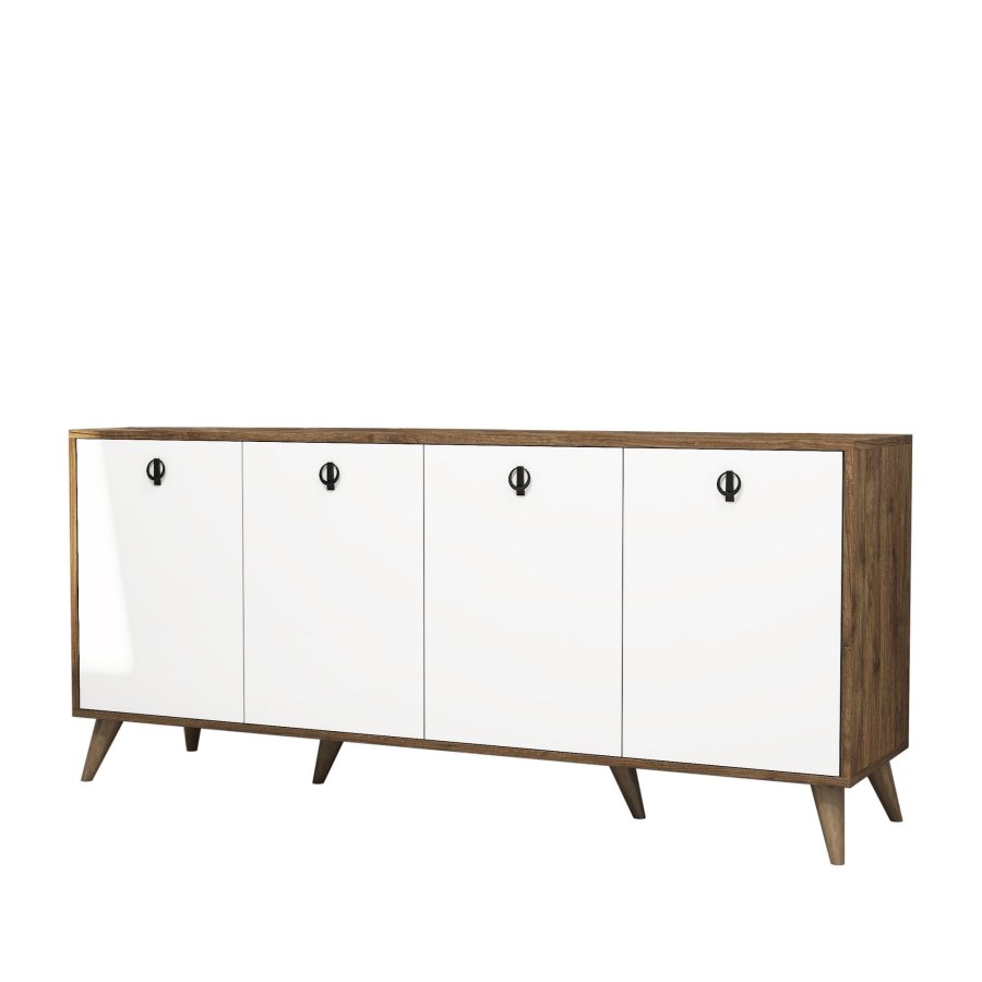 FUNZI LIVING Elite Sideboard, mit 4 Türen und 2 Regalen - walnussfarbenes und weißes Melamin