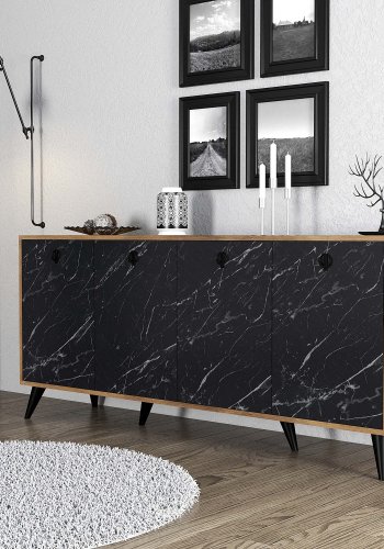 NORDVRK Elite konsollbord, m. 4 drer, 2 hyller - melamin og plast i valntt/svart marmorlook (180x45)