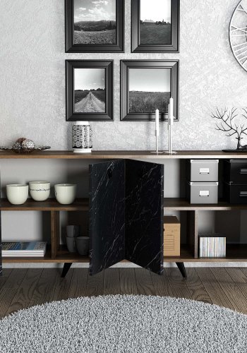 NORDVRK Elite konsollbord, m. 4 drer, 2 hyller - melamin og plast i valntt/svart marmorlook (180x45)