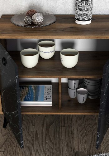 NORDVRK Elite konsollbord, m. 4 drer, 2 hyller - melamin og plast i valntt/svart marmorlook (180x45)