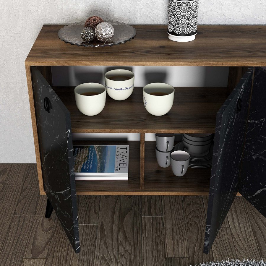 NORDVRK Elite konsollbord, m. 4 drer, 2 hyller - melamin og plast i valntt/svart marmorlook (180x45)