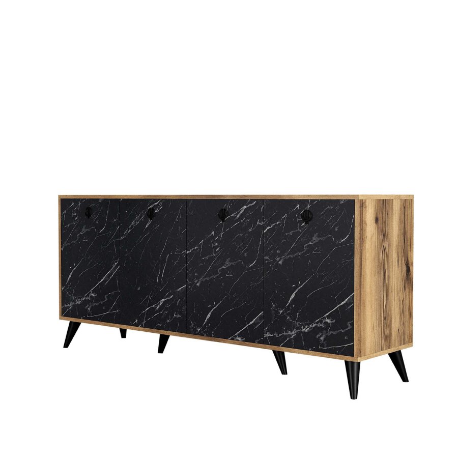 NORDVRK Elite konsollbord, m. 4 drer, 2 hyller - melamin og plast i valntt/svart marmorlook (180x45)