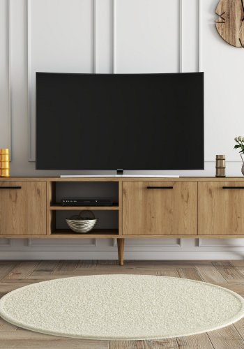 NORDVÄRK Exxen TV-Ständer, w. 3 Türen und 1 Regal - eichenfarbenes Melamin und Holz (180x35)