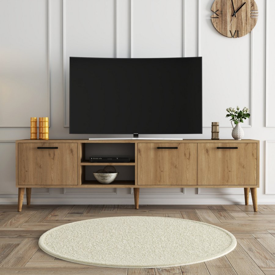 NORDVÄRK Exxen TV-Ständer, w. 3 Türen und 1 Regal - eichenfarbenes Melamin und Holz (180x35)