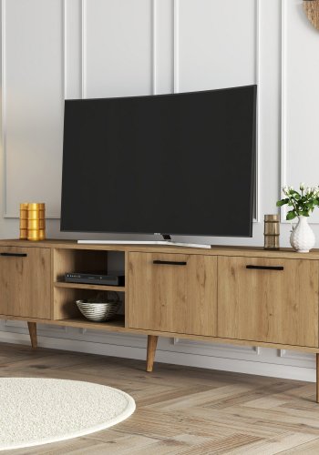 NORDVÄRK Exxen TV-Ständer, w. 3 Türen und 1 Regal - eichenfarbenes Melamin und Holz (180x35)