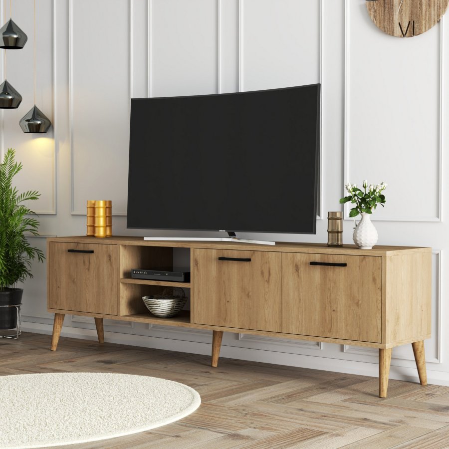 NORDVÄRK Exxen TV-Ständer, w. 3 Türen und 1 Regal - eichenfarbenes Melamin und Holz (180x35)