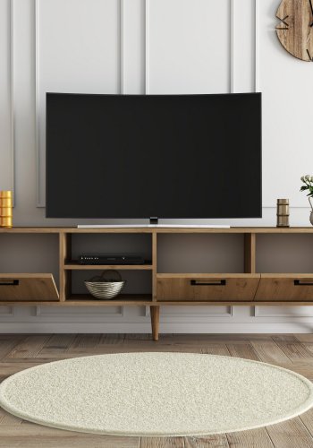 NORDVÄRK Exxen TV-Ständer, w. 3 Türen und 1 Regal - eichenfarbenes Melamin und Holz (180x35)