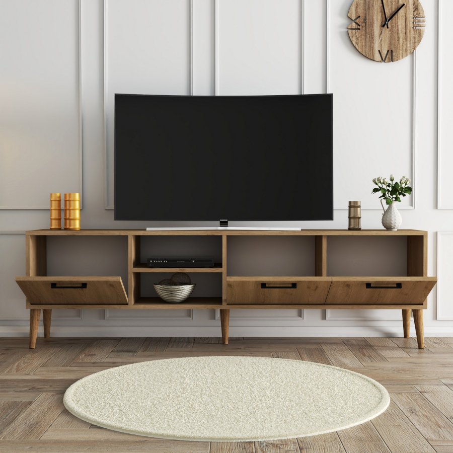 NORDVÄRK Exxen TV-Ständer, w. 3 Türen und 1 Regal - eichenfarbenes Melamin und Holz (180x35)