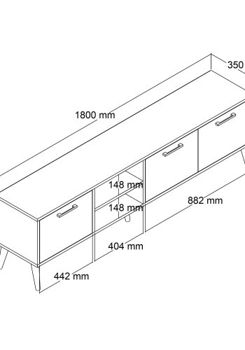 NORDVÄRK Exxen TV-Ständer, w. 3 Türen und 1 Regal - eichenfarbenes Melamin und Holz (180x35)