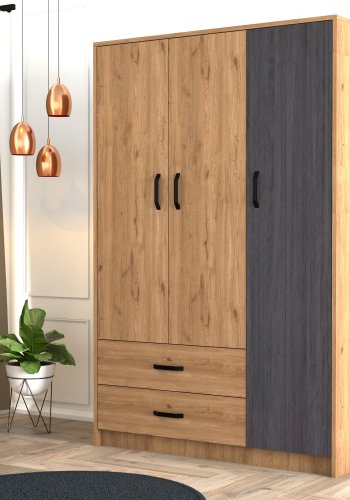 FUNZI LIVING Grande Kleiderschrank, mit 3 Türen, 1 Kleiderstange, 2 Schubladen, 3 Regalen - natürliches und graues Melamin