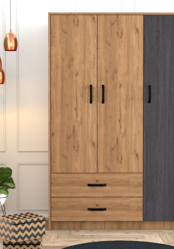 FUNZI LIVING Grande Kleiderschrank, mit 3 Türen, 1 Kleiderstange, 2 Schubladen, 3 Regalen - natürliches und graues Melamin