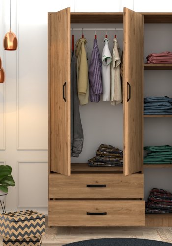 FUNZI LIVING Grande Kleiderschrank, mit 3 Türen, 1 Kleiderstange, 2 Schubladen, 3 Regalen - natürliches und graues Melamin