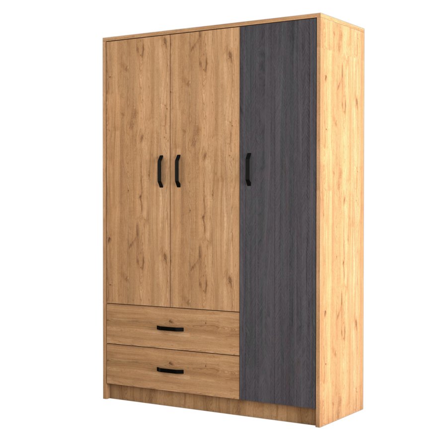 FUNZI LIVING Grande Kleiderschrank, mit 3 Türen, 1 Kleiderstange, 2 Schubladen, 3 Regalen - natürliches und graues Melamin