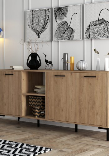 FUNZI LIVING Aurora Sideboard mit 3 Türen und 3 Regalen - eichenfarbenes Melamin und Metall