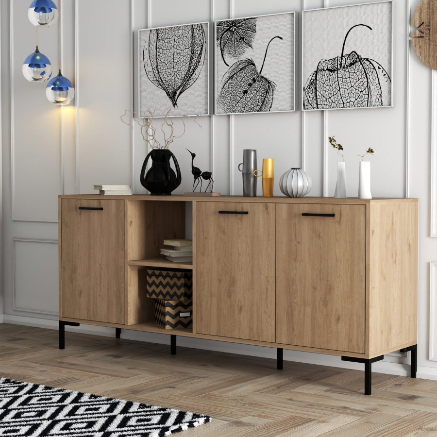 FUNZI LIVING Aurora Sideboard mit 3 Türen und 3 Regalen - eichenfarbenes Melamin und Metall