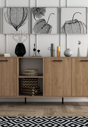 FUNZI LIVING Aurora Sideboard mit 3 Türen und 3 Regalen - eichenfarbenes Melamin und Metall