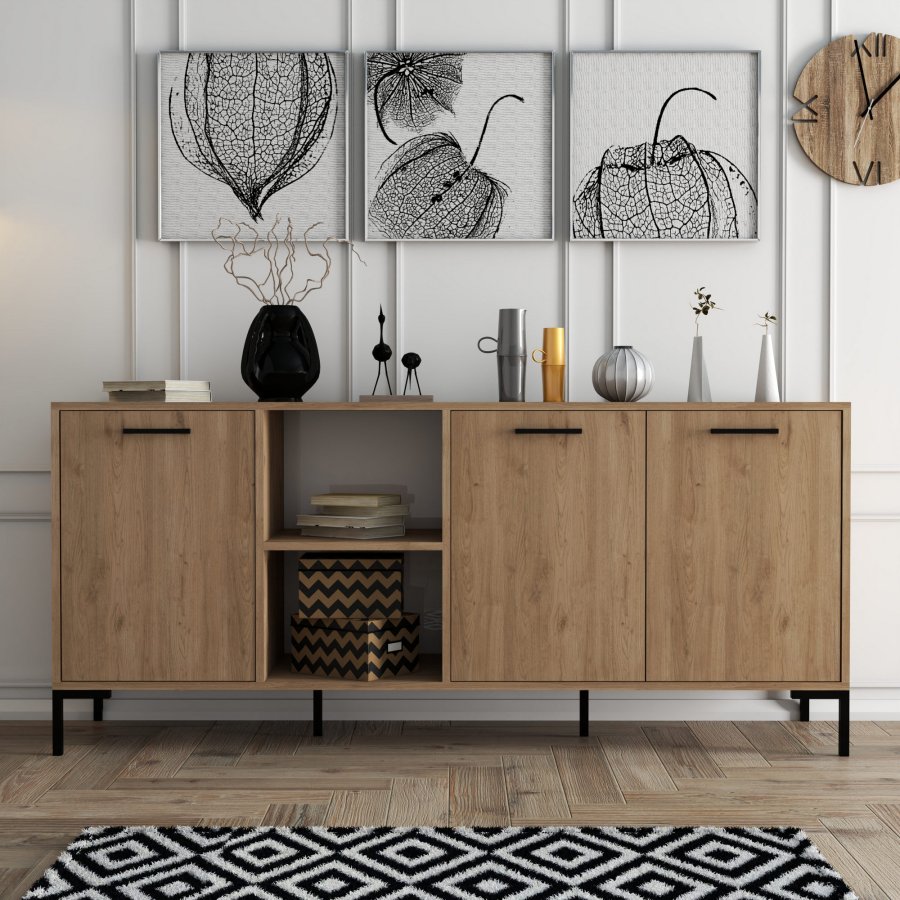 FUNZI LIVING Aurora Sideboard mit 3 Türen und 3 Regalen - eichenfarbenes Melamin und Metall
