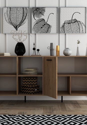FUNZI LIVING Aurora Sideboard mit 3 Türen und 3 Regalen - eichenfarbenes Melamin und Metall