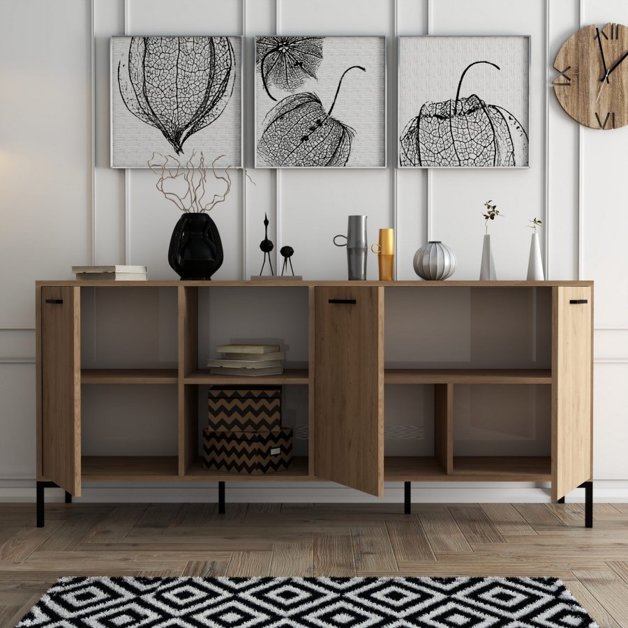 FUNZI LIVING Aurora Sideboard mit 3 Türen und 3 Regalen - eichenfarbenes Melamin und Metall