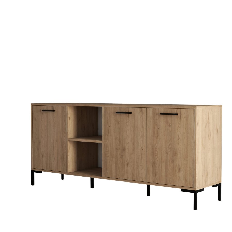 FUNZI LIVING Aurora Sideboard mit 3 Türen und 3 Regalen - eichenfarbenes Melamin und Metall