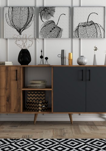 FUNZI LIVING Exxen Sideboard mit 3 Türen und 3 Regalen - walnussfarbenes und anthrazitgraues Melamin und Holz